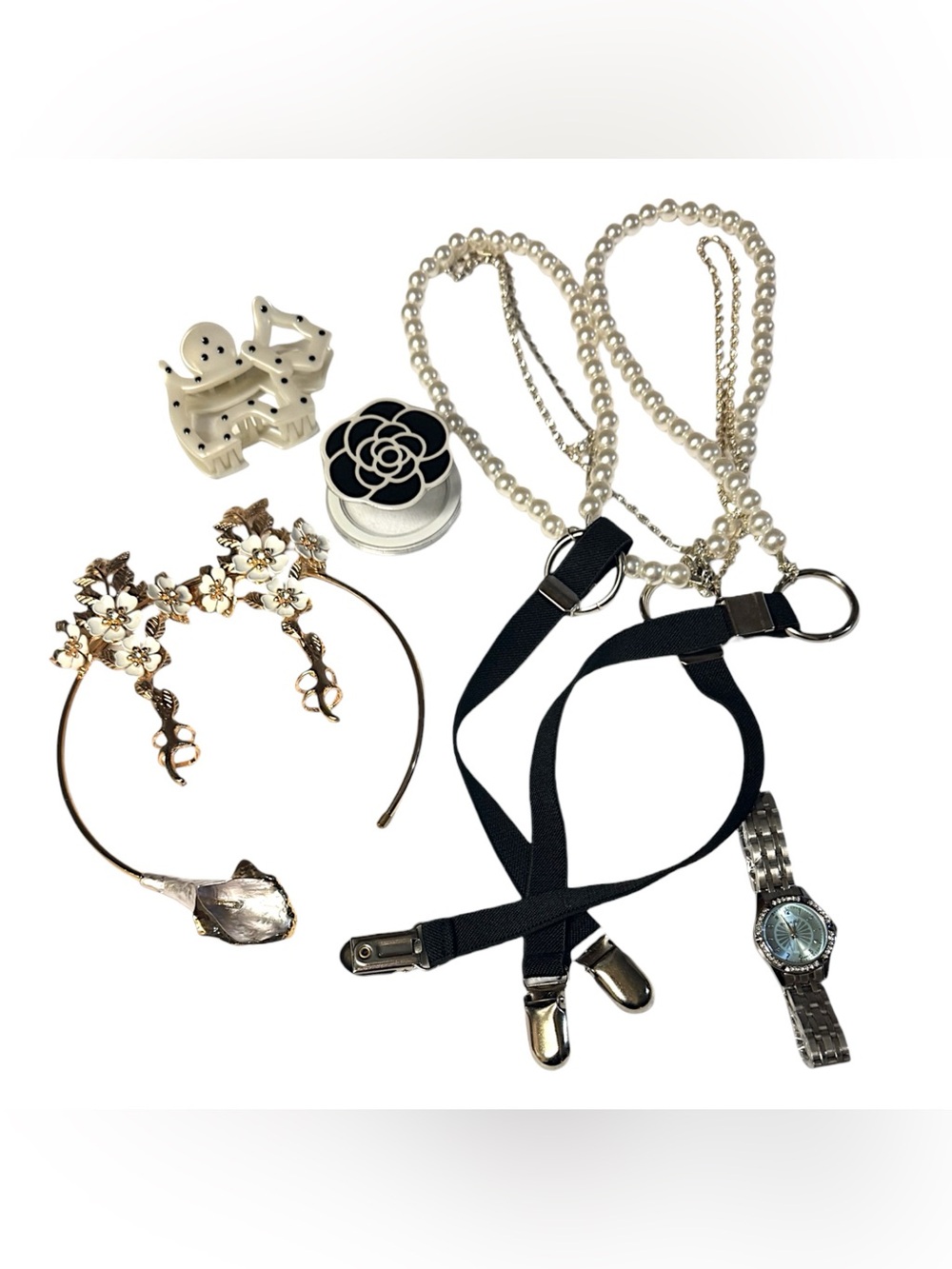 7 Pc Accessories Bundle Suspenders, Heel Covers Watch Phone Stand Hair Clip NEW